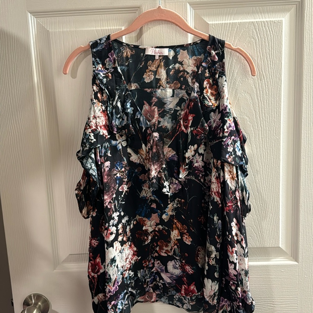 Parker NY Silk Top Blouse Long Sleeved Black Multi Floral Print Small